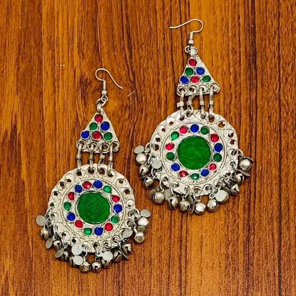 Afghan Kuchi Dangle Earrings: Silver Bells, Glass Stones, Boho Jewelry - Picture 4 of 7